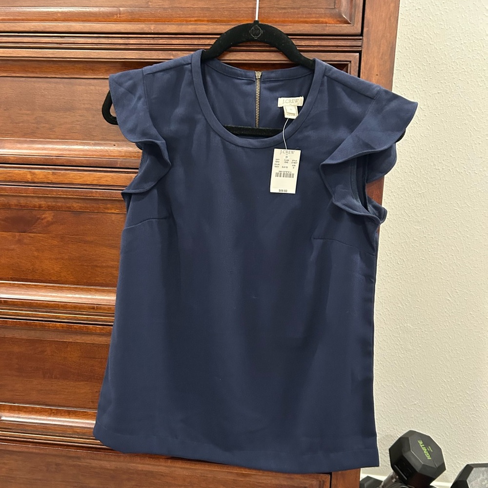 NWT J. Crew Navy Ruffle Sleeve Blouse